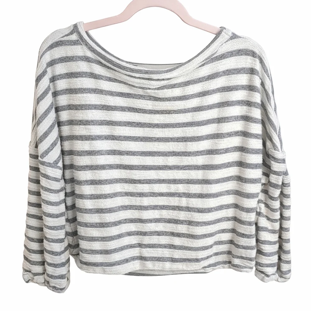 Hayden Los Angeles Cropped 3/4 Elastic Sleeve Striped Oversized Cotton Top S - Picture 3 of 8
